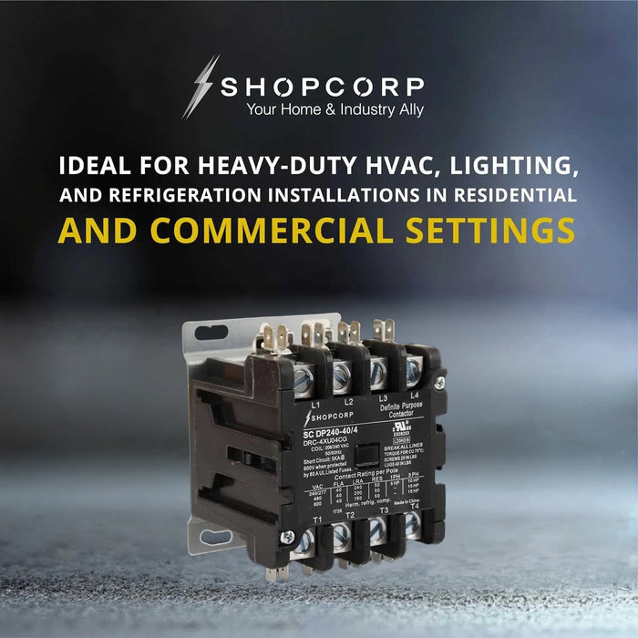 Shopcorp 40 Amp 4 Pole Definite Purpose Contactor – 208/240VAC Coil for HVAC, Refrigeration & Heat Pump Systems