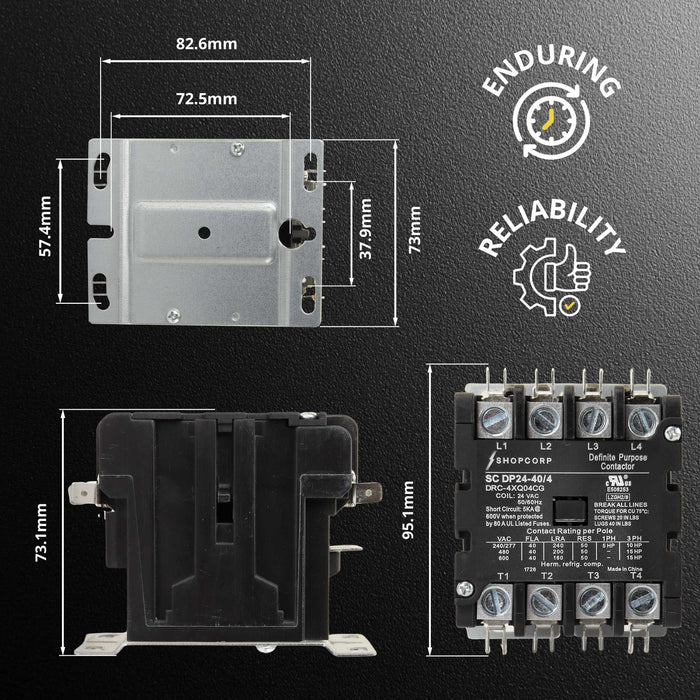 Shopcorp 40 Amp 4 Pole Definite Purpose Contactor – 24VAC Coil for HVAC, Refrigeration & Heat Pump Systems