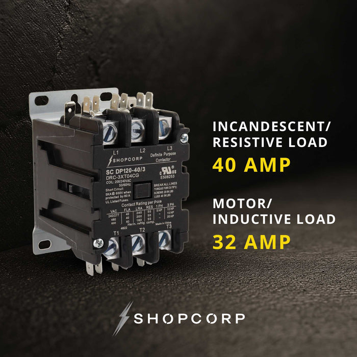 Shopcorp 40A 3 Pole Definite Purpose Contactor – 240V Coil, UL Listed for HVAC &amp; Refrigeration