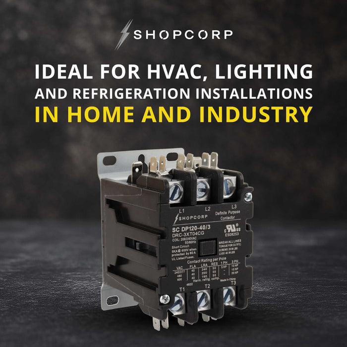 Shopcorp 40A 3 Pole Definite Purpose Contactor – 240V Coil, UL Listed for HVAC &amp; Refrigeration