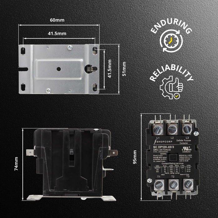 Shopcorp 40A 3 Pole Definite Purpose Contactor – 240V Coil, UL Listed for HVAC &amp; Refrigeration