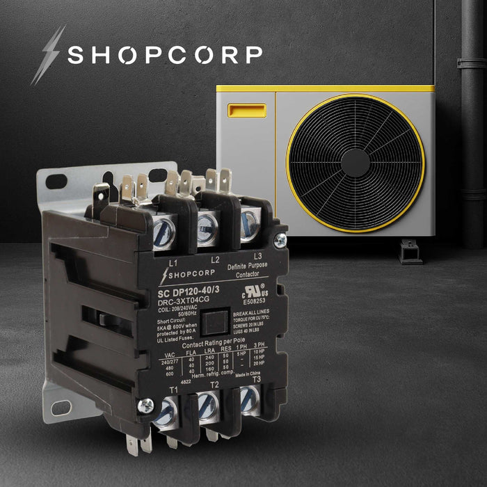 Shopcorp 40A 3 Pole Definite Purpose Contactor – 240V Coil, UL Listed for HVAC &amp; Refrigeration
