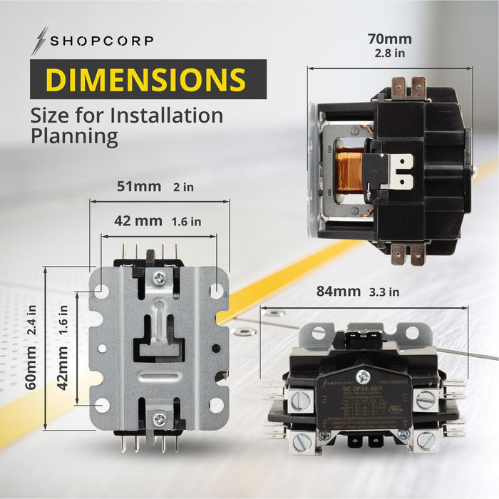 Shopcorp 40A 1 Pole 24VAC Definite Purpose, Magnetic Contactor for HVAC Heavy Duty 24 VAC Coil, Motor Load 40A, Air Conditioner & Heat Pump