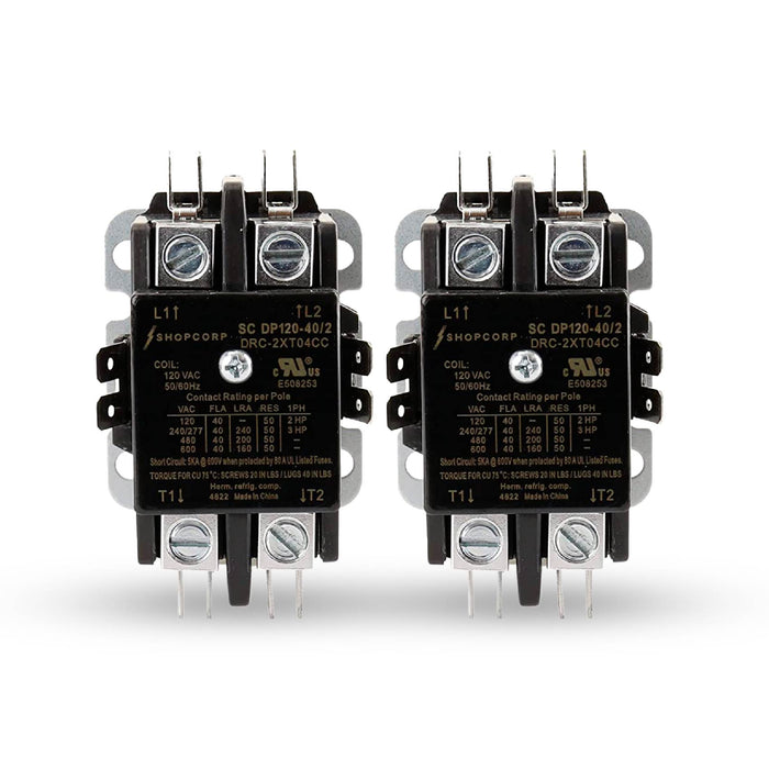 Shopcorp 40A 2 Pole 600V Definite Purpose, NO Contactor - 110/120VAC Coil for HVAC and Lighting - 2 pack