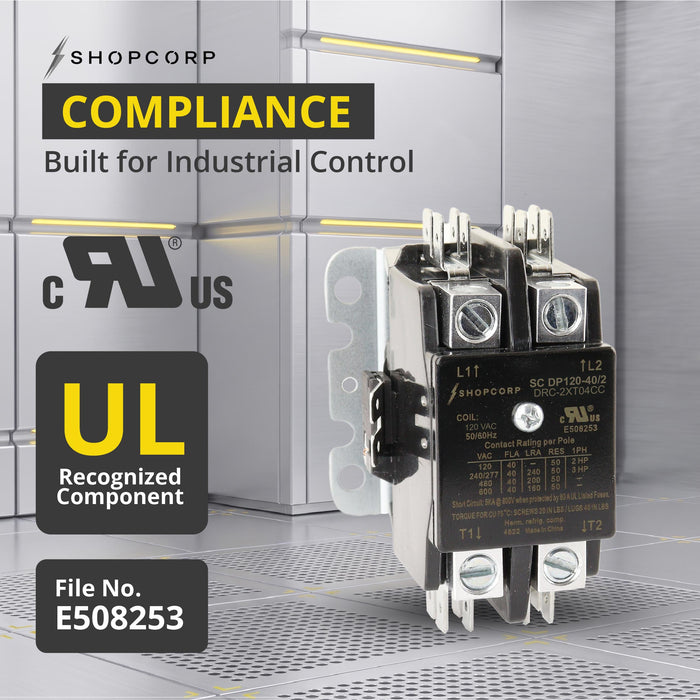 Shopcorp 40A 2 Pole 600V Definite Purpose, NO Contactor - 110/120VAC Coil for HVAC and Lighting