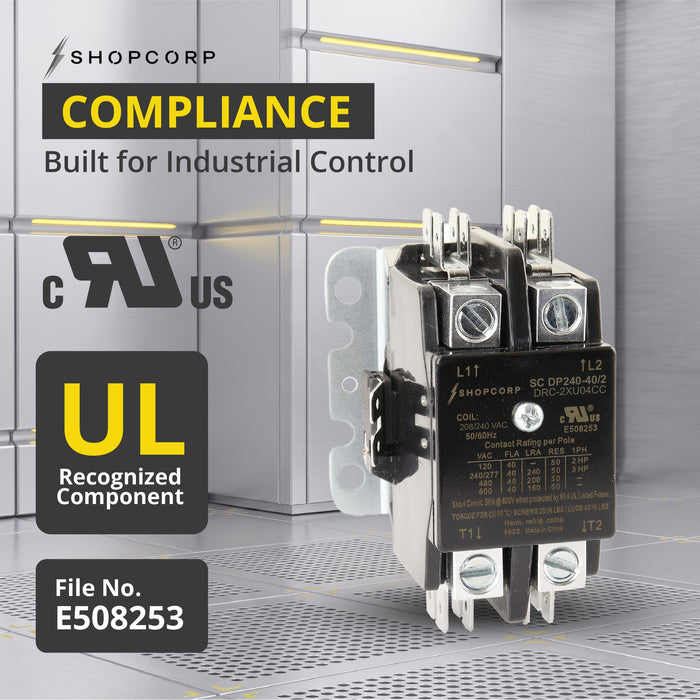 Shopcorp 40 Amp 2 Pole Definite Purpose Contactor | 50A RES, 240V Coil, UL Listed for HVAC, Lighting & Motor Load Applications