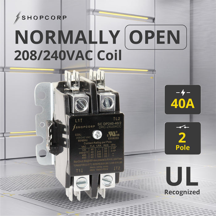 Shopcorp 40 Amp 2 Pole Definite Purpose Contactor | 50A RES, 240V Coil, UL Listed for HVAC, Lighting & Motor Load Applications 
