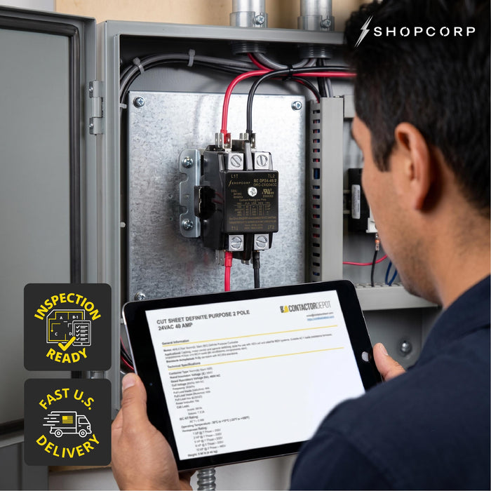 Shopcorp 40A 2 Pole Definite Purpose Contactor 600V - 24VAC Coil, Inductive 40A / Resistive 50A for HVAC, AC & Lighting Systems