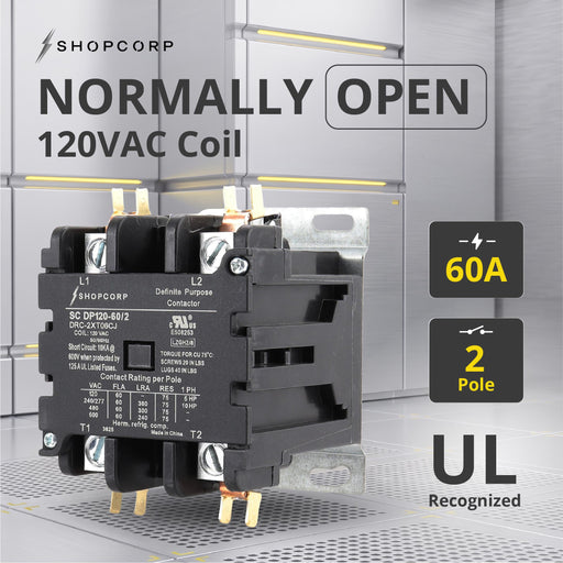 Shopcorp 60 Amp 2 Pole Definite Purpose Contactor | 75A RES, 120V Coil, UL Listed for HVAC, Refrigeration & Heat Pump Systems