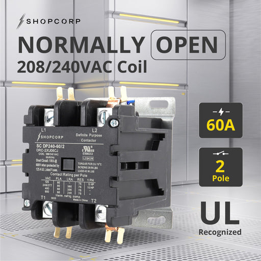 Shopcorp 60 Amp 2 Pole Definite Purpose Contactor | 75A RES, 220/240V Coil, UL Listed for HVAC, Refrigeration & Heat Pump Systems