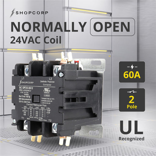 Shopcorp 60 Amp 2 Pole Definite Purpose Contactor | 75A RES, 24V Coil, UL Listed for HVAC, Refrigeration & Heat Pump Systems