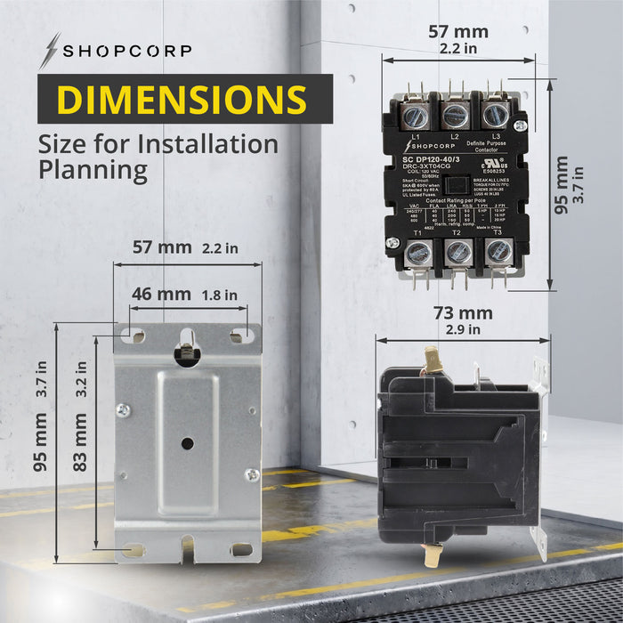 Shopcorp 40A 3 Pole 600V Definite Purpose, NO Contactor - 110/120VAC Coil for HVAC and Lighting - UL Certified - Dimensions