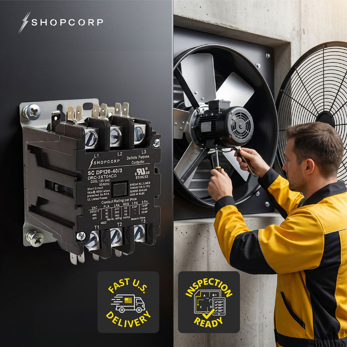 Shopcorp 40A 3 Pole 600V Definite Purpose - Normally Open Contactor - 110/120VAC Coil for HVAC & Lighting - UL Certified 