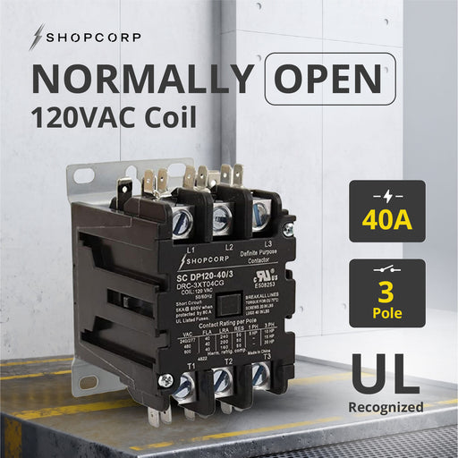 Shopcorp 40A 3 Pole 600V Definite Purpose - Normally Open Contactor - 110/120VAC Coil for HVAC & Lighting - UL Certified - NO