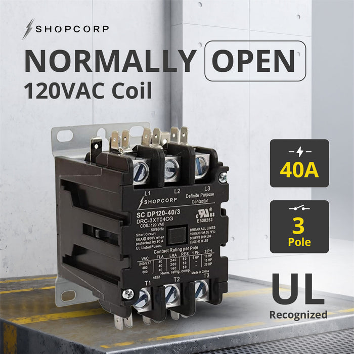 Shopcorp 40A 3 Pole 600V Definite Purpose - Normally Open Contactor - 110/120VAC Coil for HVAC & Lighting - UL Certified - NO