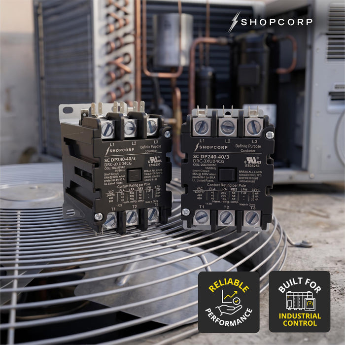Shopcorp 40A 3 Pole 600V Definite Purpose - Normally Open Contactor - 208/240VAC Coil for HVAC & Lighting - UL Certified | 2 Pack