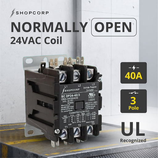 Shopcorp 40 Amp 3 Pole Definite Purpose Contactor – 24VAC Coil, UL Listed for HVAC, Refrigeration & Heat Pump Systems - NO