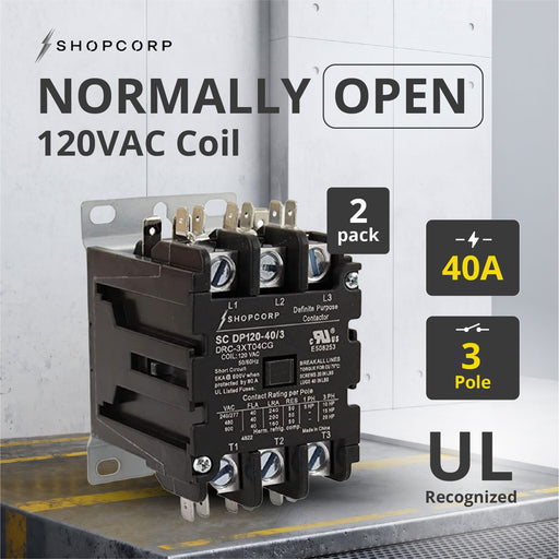 Shopcorp 40A 3 Pole 600V Definite Purpose - Normally Open Contactor - 110/120VAC Coil for HVAC & Lighting - UL Certified