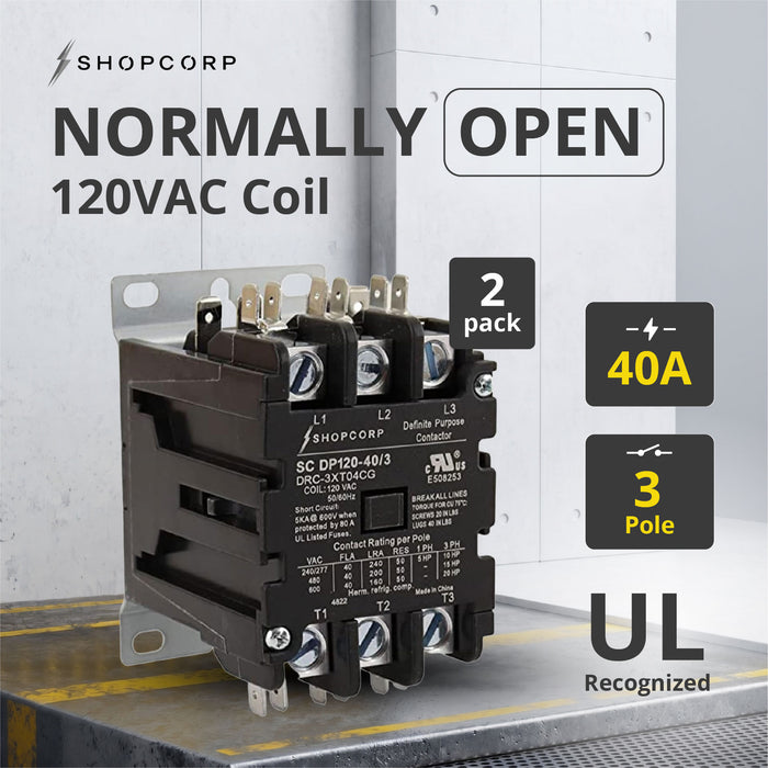 Shopcorp 40A 3 Pole 600V Definite Purpose - Normally Open Contactor - 110/120VAC Coil for HVAC & Lighting - UL Certified