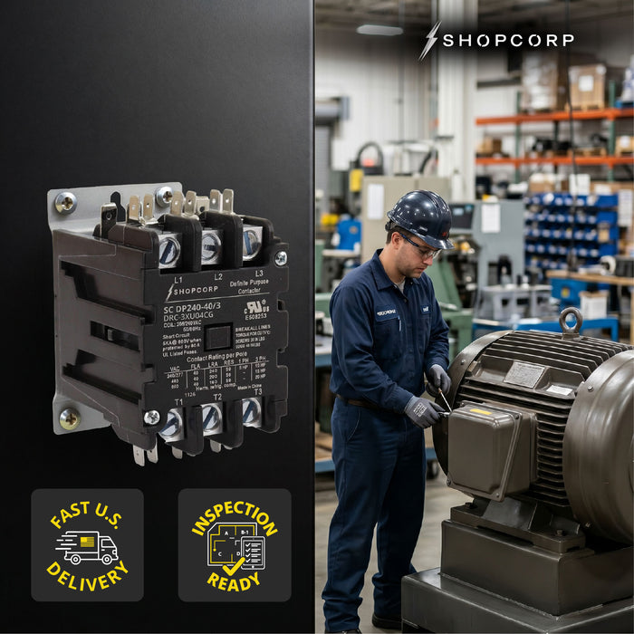 Shopcorp 40A 3 Pole 600V Definite Purpose - Normally Open Contactor - 208/240VAC Coil for HVAC & Lighting - UL Certified