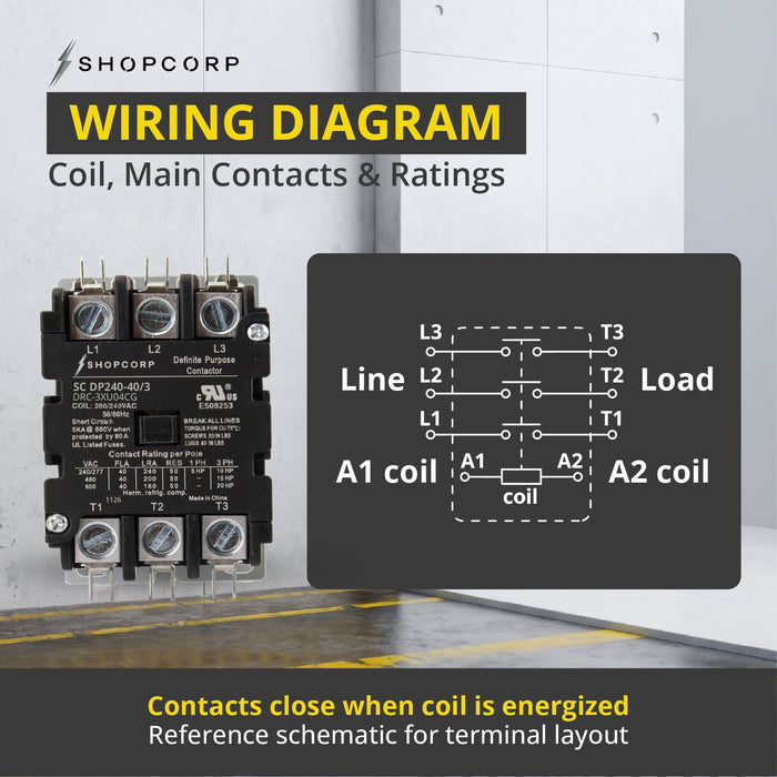 Shopcorp 40A 3 Pole 600V Definite Purpose - Normally Open Contactor - 208/240VAC Coil for HVAC & Lighting - UL Certified