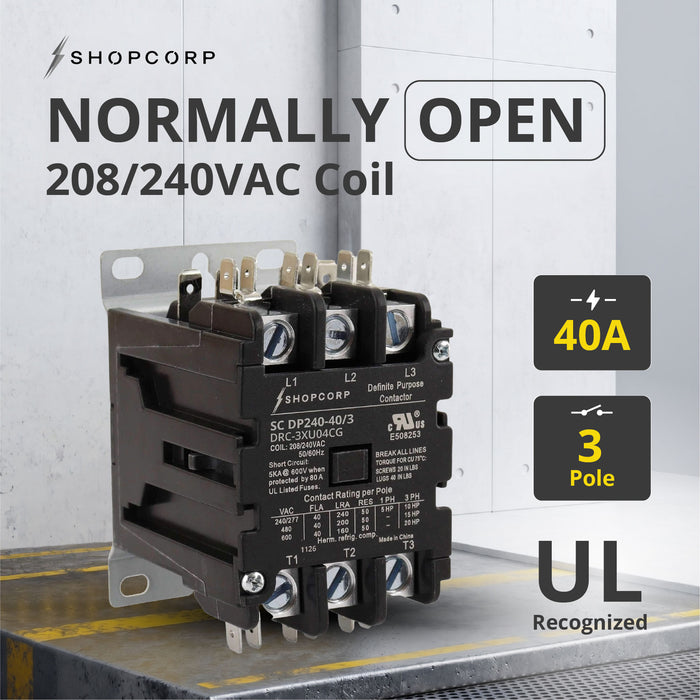 Shopcorp 40A 3 Pole 600V Definite Purpose - Normally Open Contactor - 208/240VAC Coil for HVAC & Lighting - UL Certified