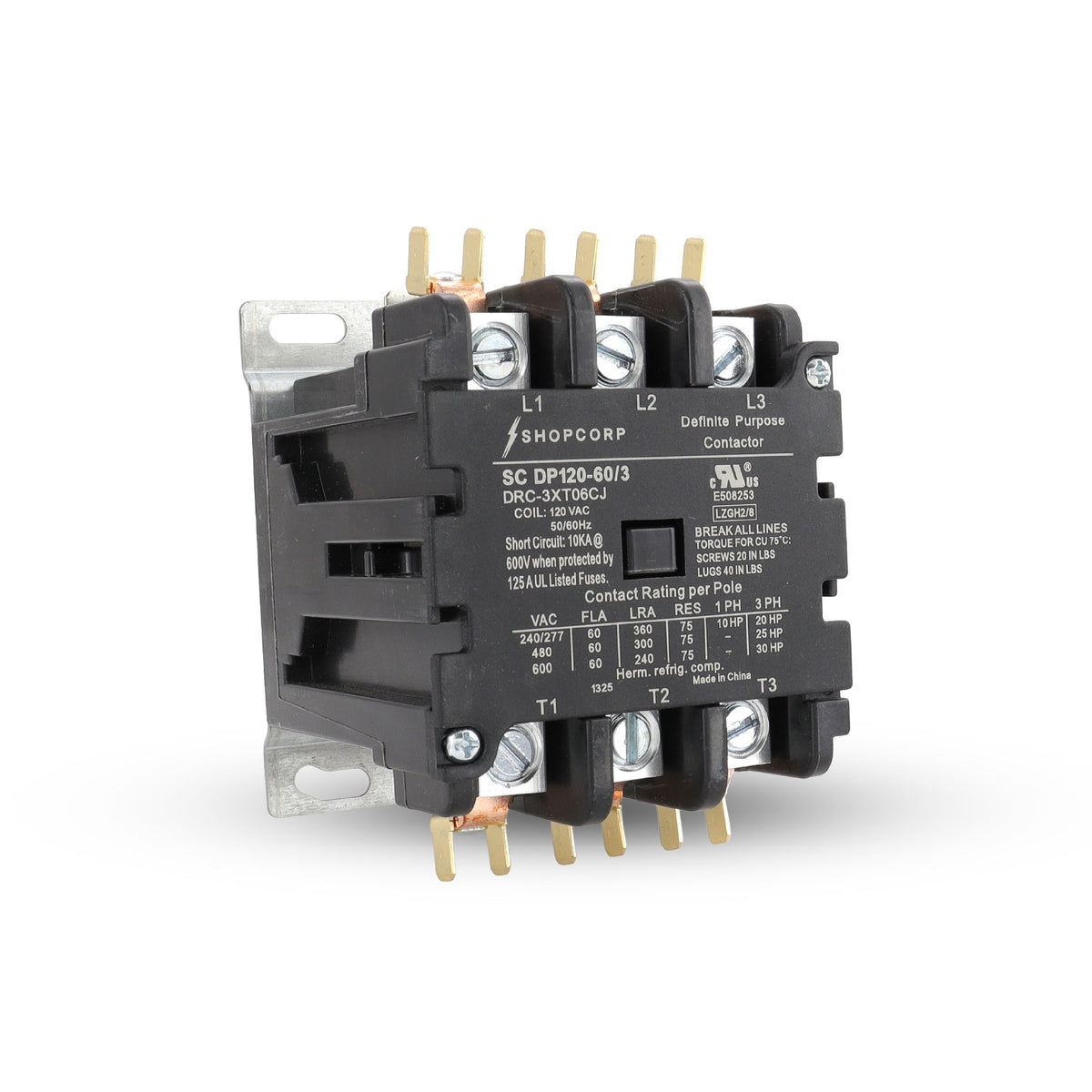 Shopcorp 60A 3 Pole Definite Purpose Contactor – 120V Coil, UL Listed ...