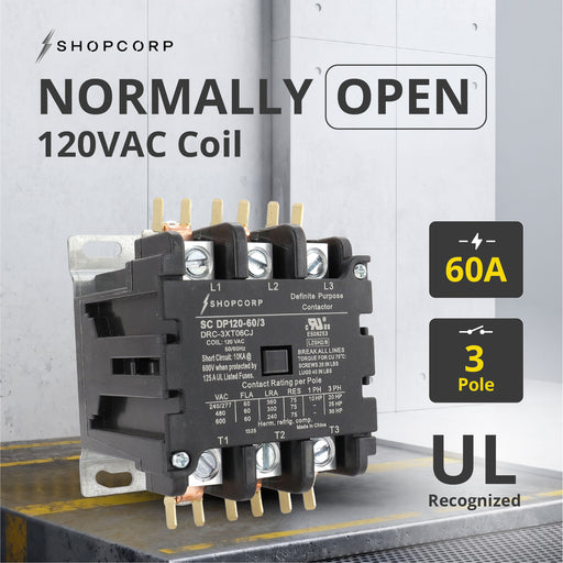 Shopcorp 60A 3 Pole Definite Purpose - 75 RES 120V Coil Contactor - UL Listed for HVAC, Refrigeration, and Heat Pump Systems