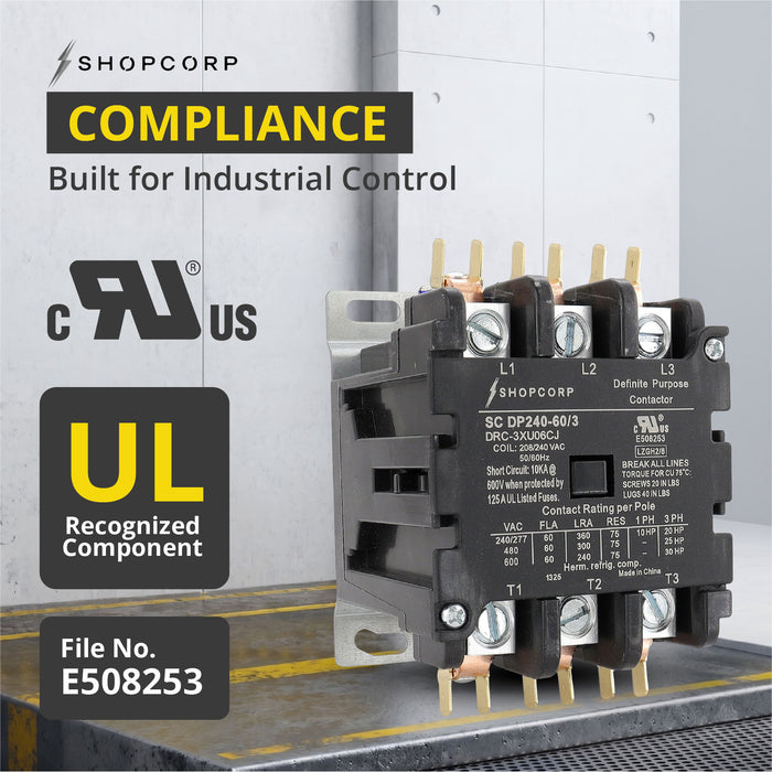 Shopcorp 60 Amp 3 Pole Definite Purpose Contactor – 75A RES, 220V/240V Coil – UL Listed for HVAC, Refrigeration, and Heat Pump Systems