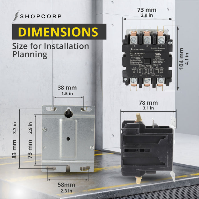 Shopcorp 60 Amp 3 Pole Definite Purpose Contactor – 75A RES, 220V/240V Coil – UL Listed for HVAC, Refrigeration, and Heat Pump Systems