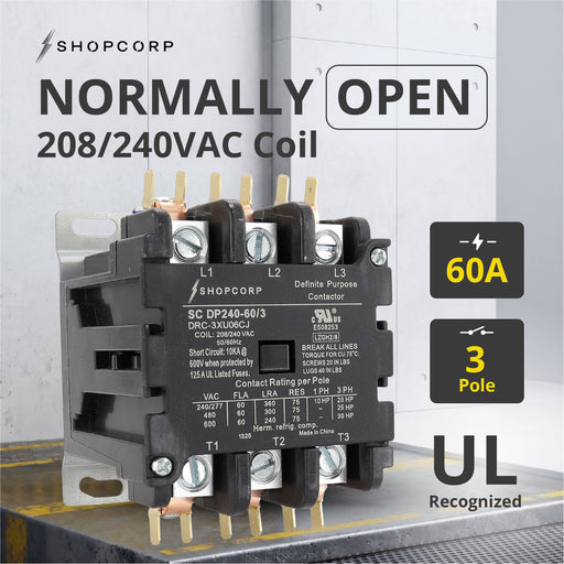Shopcorp 60 Amp 3 Pole Definite Purpose Contactor – 75A RES, 220V/240V Coil – UL Listed for HVAC, Refrigeration, and Heat Pump Systems