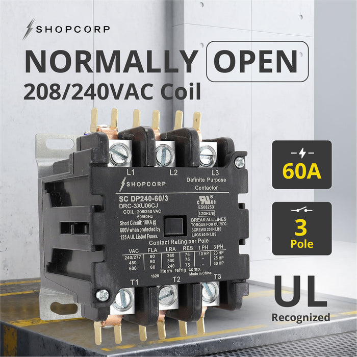 Shopcorp 60 Amp 3 Pole Definite Purpose Contactor – 75A RES, 220V/240V Coil – UL Listed for HVAC, Refrigeration, and Heat Pump Systems
