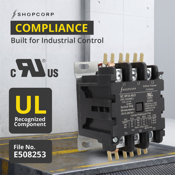 Shopcorp 60A 3 Pole Definite Purpose - 75 RES 24V Coil Contactor - UL Listed for HVAC, Refrigeration, and Heat Pump Systems