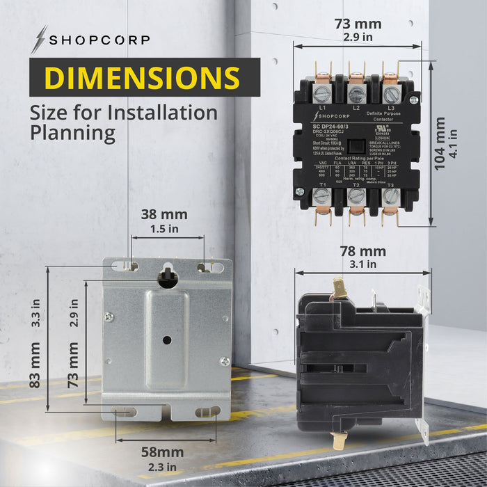 Shopcorp 60A 3 Pole Definite Purpose - 75 RES 24V Coil Contactor - UL Listed for HVAC, Refrigeration, and Heat Pump Systems