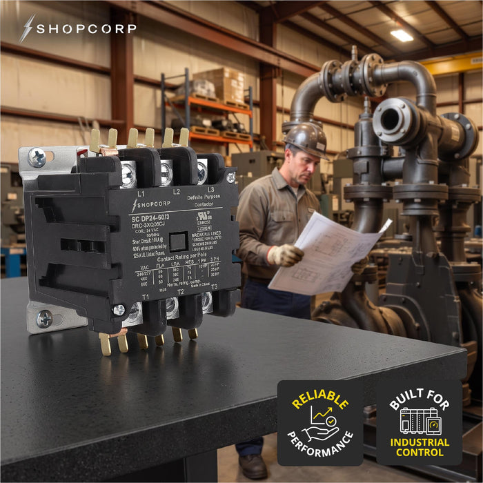 Shopcorp 60A 3 Pole Definite Purpose - 75 RES 24V Coil Contactor - UL Listed for HVAC, Refrigeration, and Heat Pump Systems
