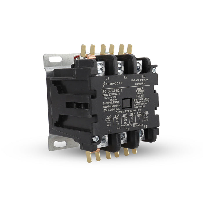 Shopcorp 60A 3 Pole Definite Purpose - 75 RES 24V Coil Contactor - UL Listed for HVAC, Refrigeration, and Heat Pump Systems