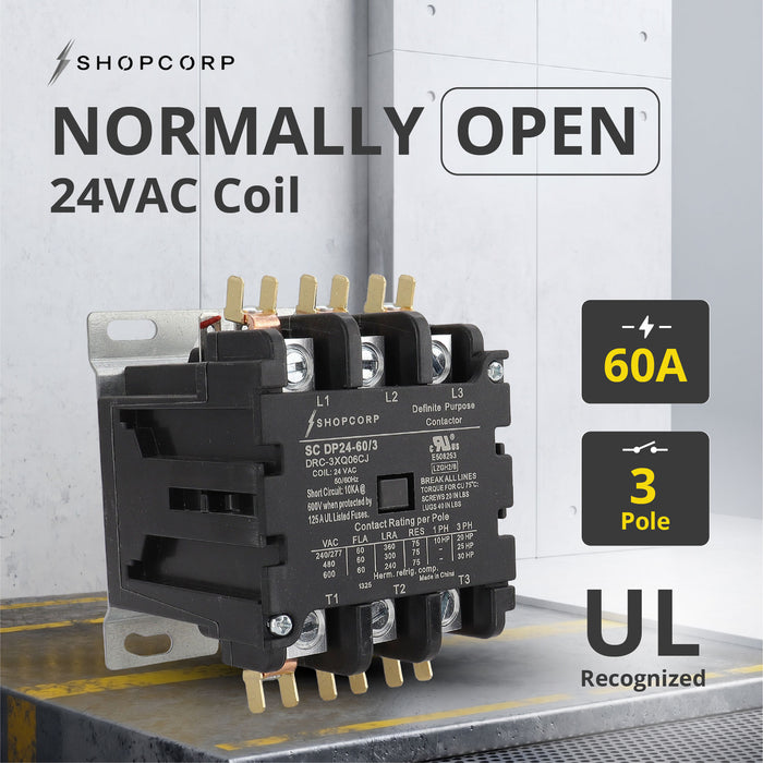 Shopcorp 60A 3 Pole Definite Purpose - 75 RES 24V Coil Contactor - UL Listed for HVAC, Refrigeration, and Heat Pump Systems