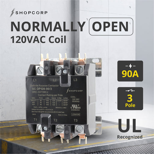 Shopcorp 90 Amp 3 Pole Definite Purpose Contactor – 120A RES, 120V Coil, IEC/UL Listed for HVAC, Lighting & Motor Applications