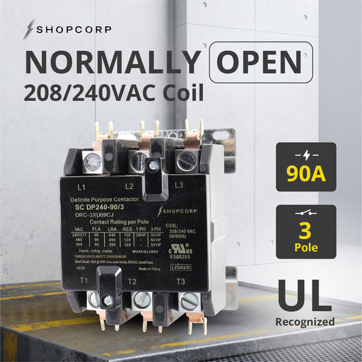 Shopcorp 90 Amp 3 Pole Definite Purpose Contactor – 120A RES, 240V Coil, IEC/UL Listed for HVAC, Lighting & Motor Applications