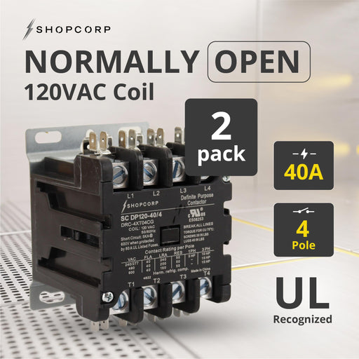 Shopcorp 40A 4 Pole 600V Definite Purpose, NO Contactor - 110/120VAC Coil for HVAC and Lighting - UL Certified - 2 pack