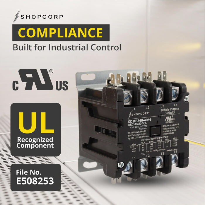Shopcorp 40 Amp 4 Pole Definite Purpose Contactor – 208/240VAC Coil for HVAC, Refrigeration & Heat Pump Systems