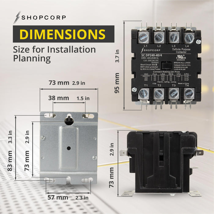 Shopcorp 40 Amp 4 Pole Definite Purpose Contactor – 208/240VAC Coil for HVAC, Refrigeration & Heat Pump Systems