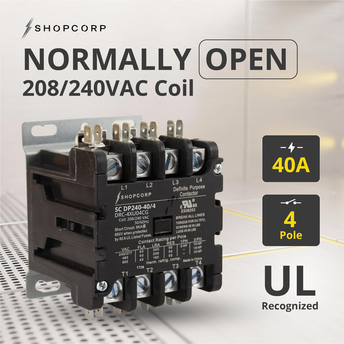 Shopcorp 40 Amp 4 Pole Definite Purpose Contactor – 208/240VAC Coil for HVAC, Refrigeration & Heat Pump Systems
