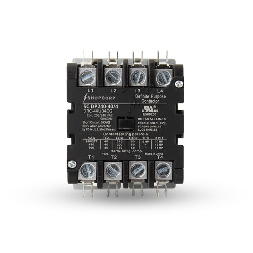Shopcorp 40 Amp 4 Pole Definite Purpose Contactor – 208/240VAC Coil for HVAC, Refrigeration & Heat Pump Systems