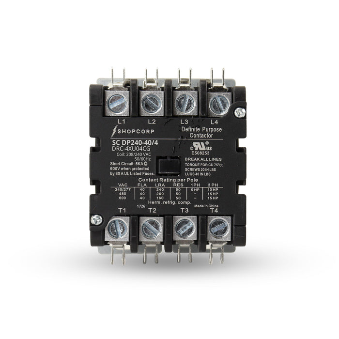Shopcorp 40 Amp 4 Pole Definite Purpose Contactor – 208/240VAC Coil for HVAC, Refrigeration & Heat Pump Systems