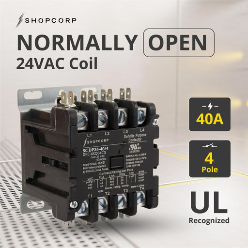Shopcorp 40 Amp 4 Pole Definite Purpose Contactor – 24VAC Coil for HVAC, Refrigeration & Heat Pump Systems