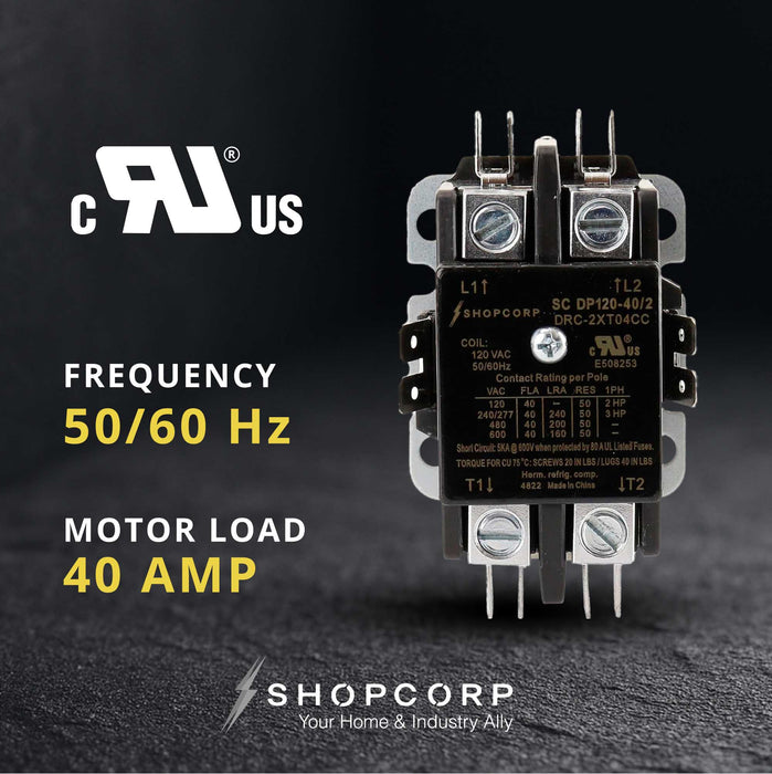 Shopcorp 40Amp 2 Pole 600V Definite Purpose Normally Open Contactor - 110/120VAC Coil for HVAC, AC and Lighting