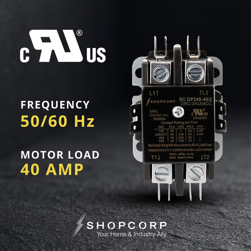 Shopcorp 40 Amp 2 Pole Definite Purpose Contactor | 50A RES, 240V Coil, UL Listed for HVAC, Lighting & Motor Load Applications