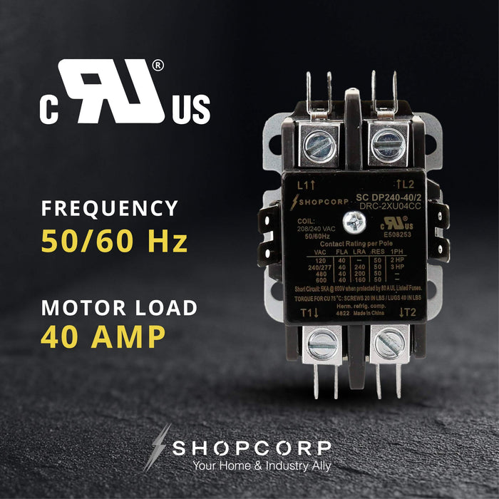 Shopcorp 40 Amp 2 Pole Definite Purpose Contactor | 50A RES, 240V Coil, UL Listed for HVAC, Lighting & Motor Load Applications