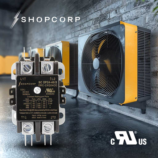 Shopcorp 40 Amp 2 Pole Contactor 24VAC - Definite Purpose 600V, Inductive 40A, Resistive 50A for HVAC & Lighting